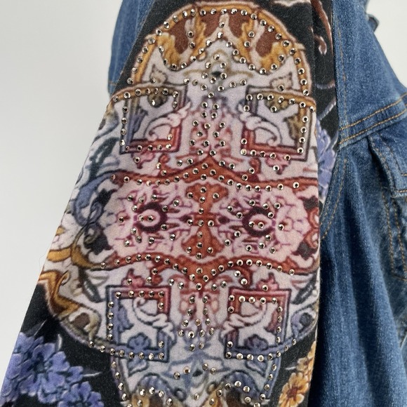 One World Blue Denim Jacket Women's 1X With Embellished Sleeves With Sequins - Picture 8 of 11